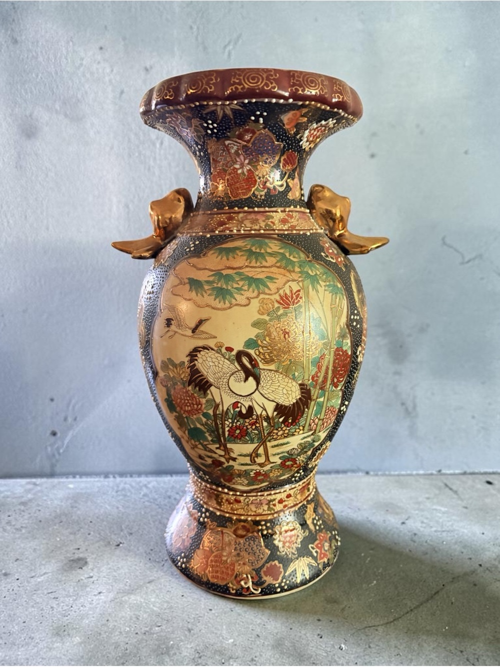 Vintage Royal Satsuma Moriage Crane Vase Gilded Elephant Handles
